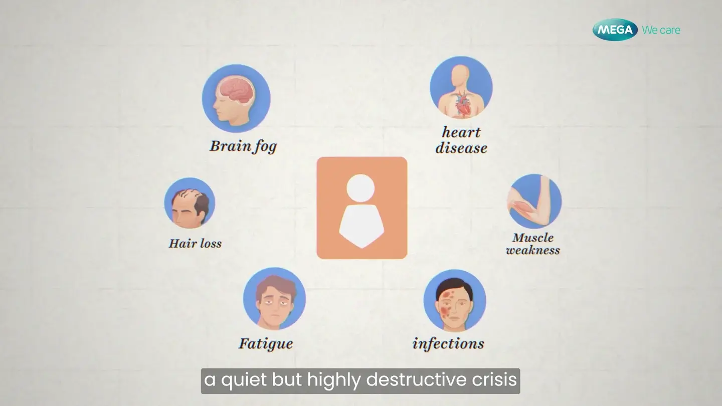 Illustrated health topics arranged around a person in FDM’s Mega We Care education film