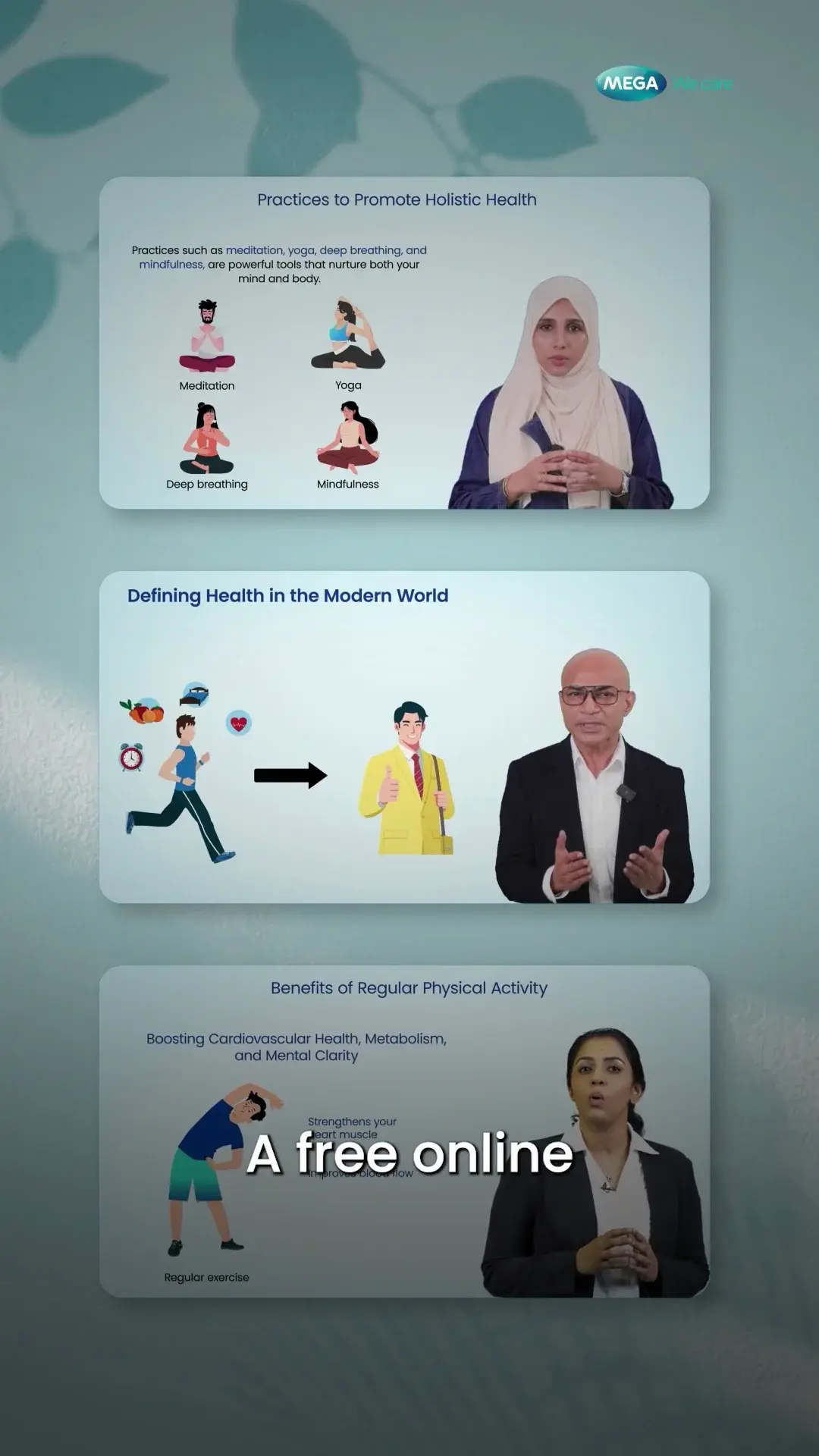 Three expert course cards in a Mega We Care video edited by FDM
