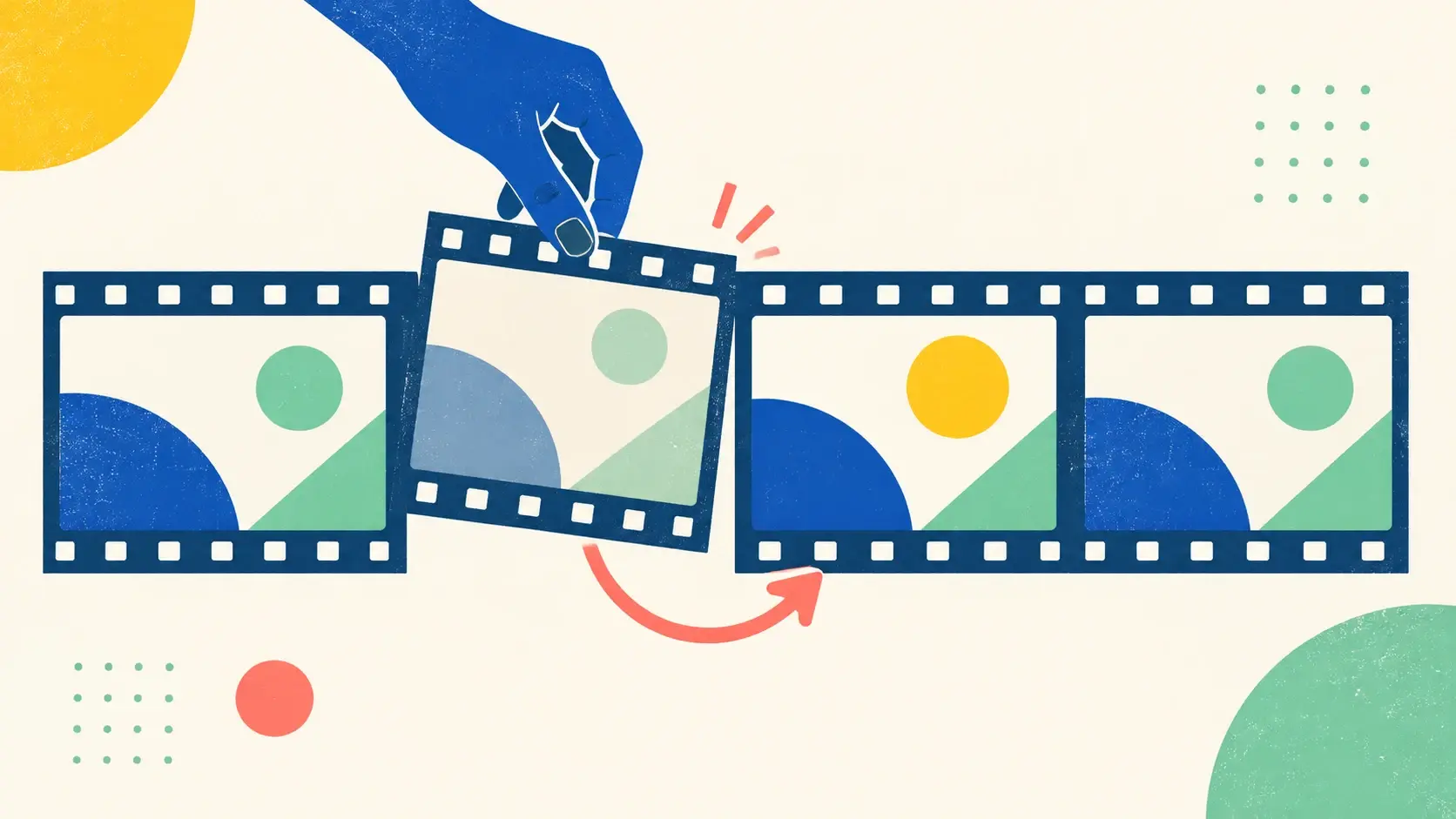 Editorial illustration of one video frame being replaced while the surrounding sequence stays intact